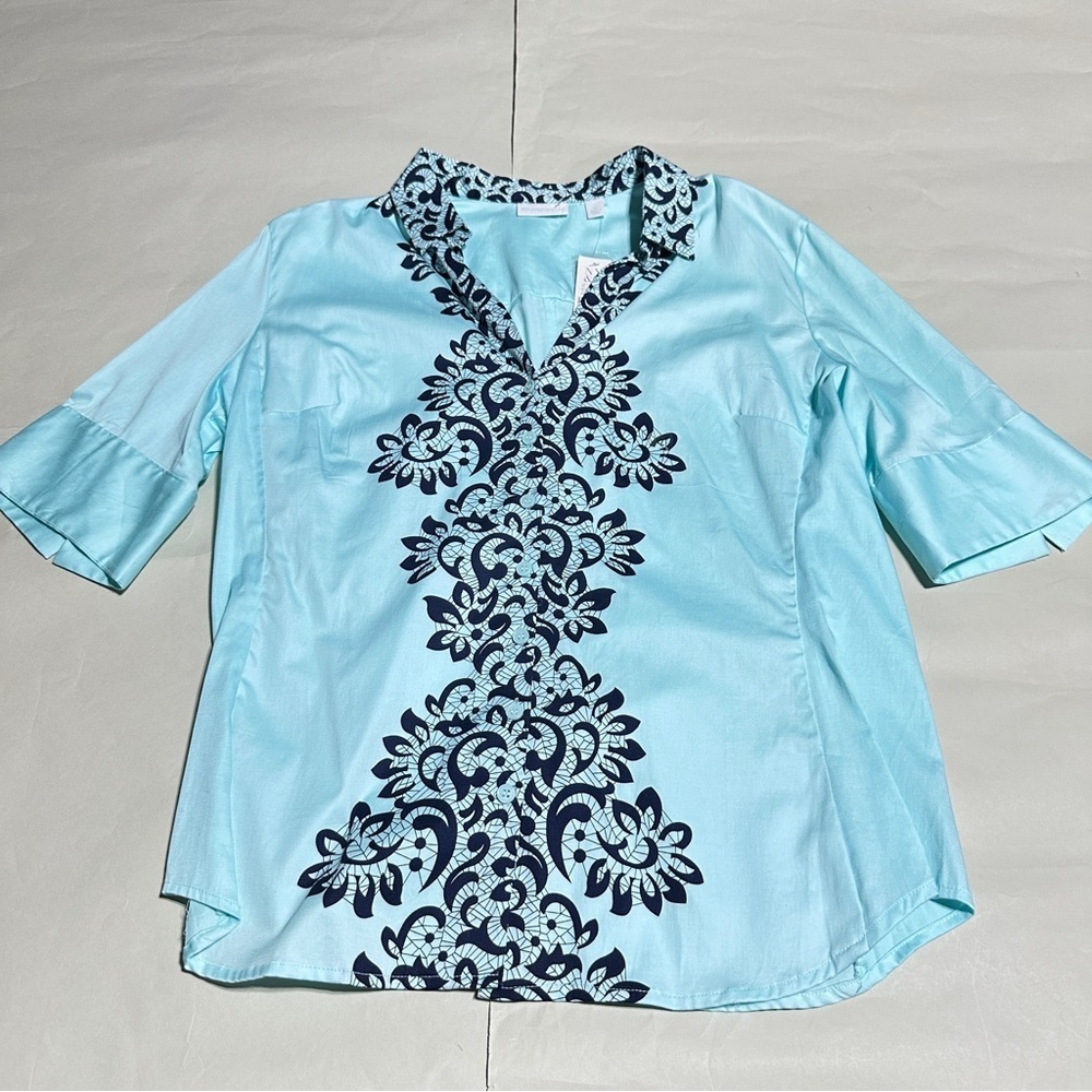 New York & Co Tunic Top XL Blue Stretch Floral Print NWT